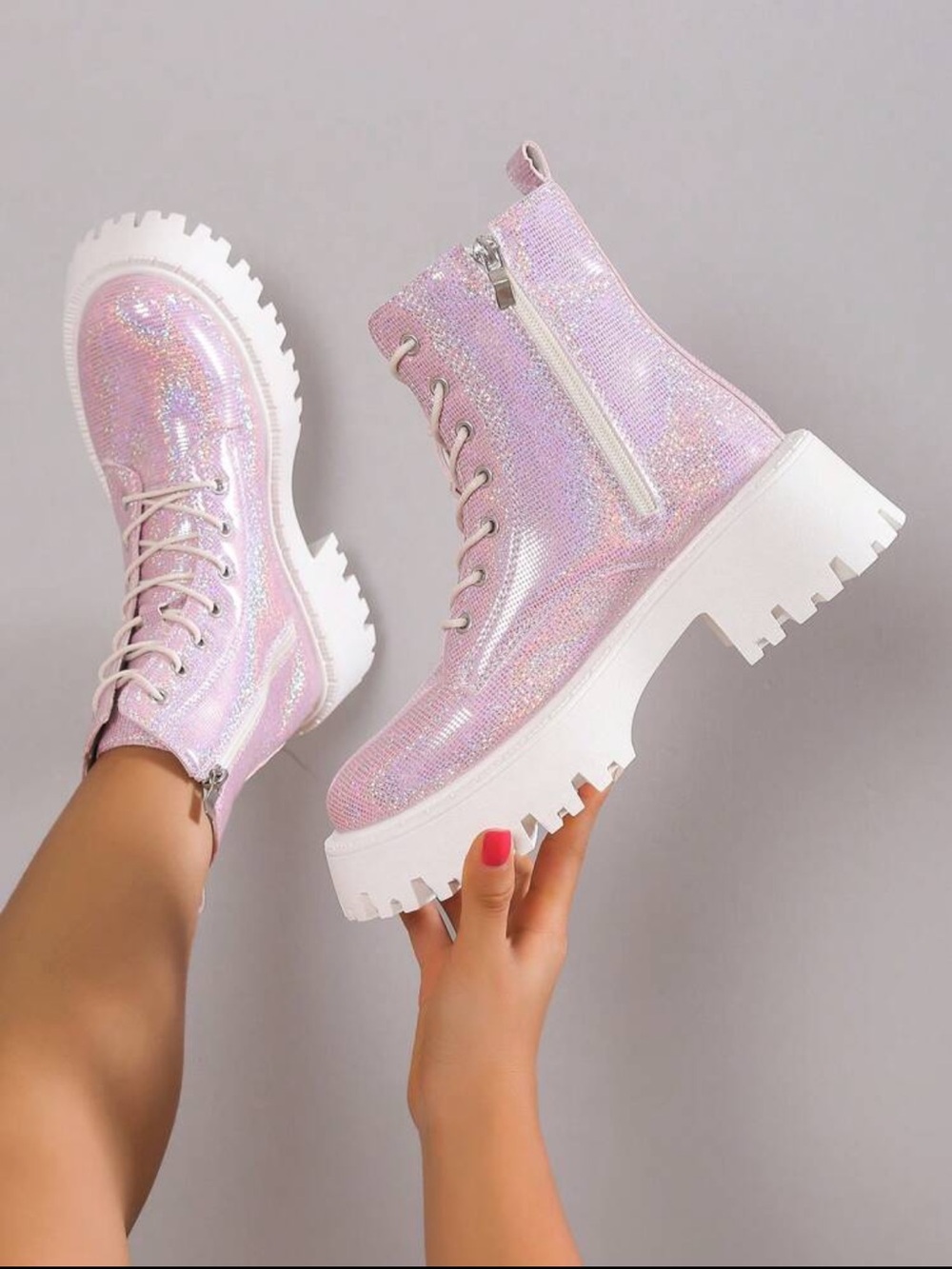 WORN ONCE: Pink Holographic Lace-Up Combat Boots with Side Zip